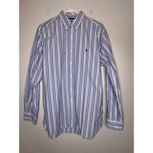 2000s Ralph Lauren Blue Butter Yellow Stripe Rugby Prep Jock Oxford Shirt L